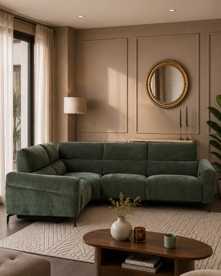 Rhys dark green chenille left hand facing small corner sofa