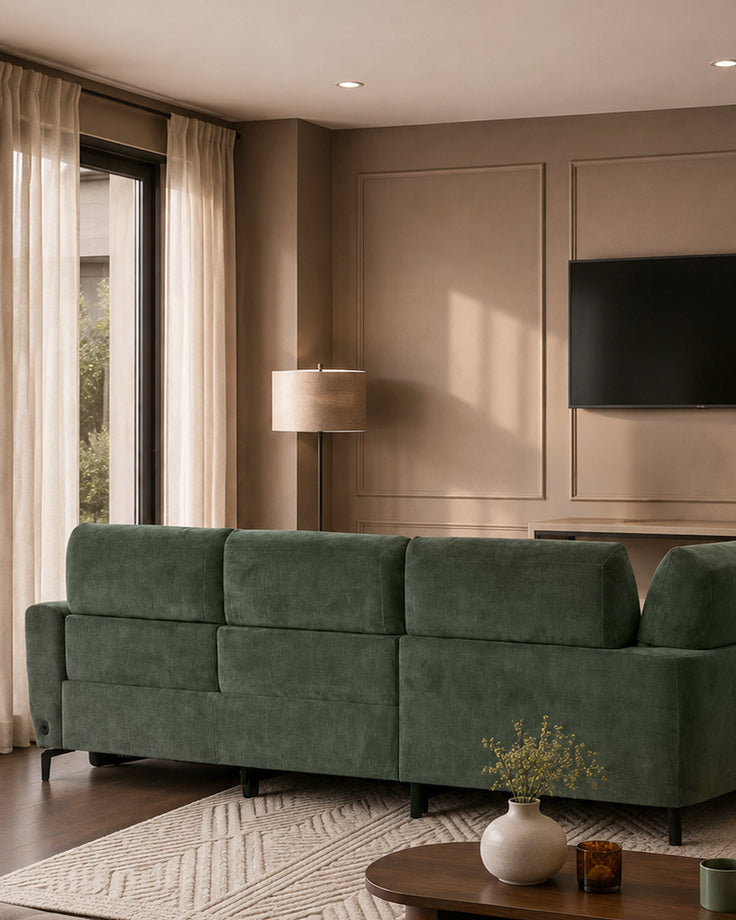 Rhys dark green chenille left hand facing small corner sofa