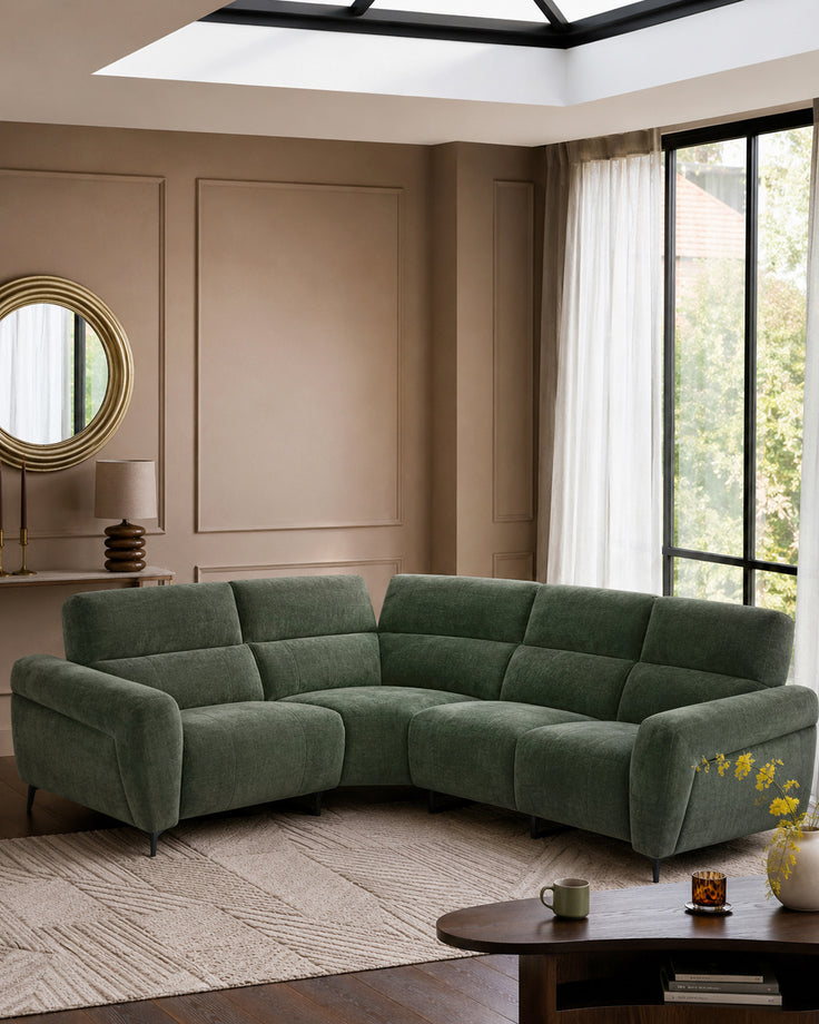 Rhys dark green chenille left hand facing small corner sofa