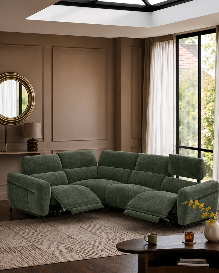 Rhys dark green chenille left hand facing small corner sofa