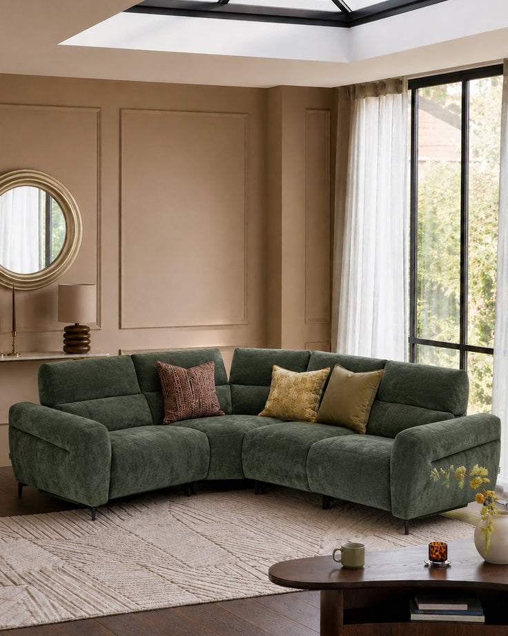 Rhys dark green chenille left hand facing small corner sofa