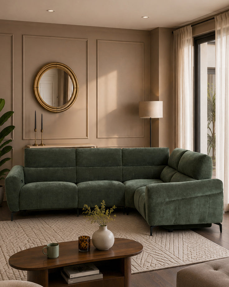 Rhys dark green chenille right hand facing small corner sofa