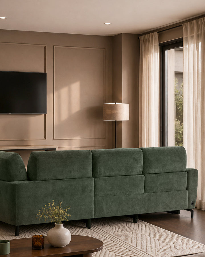 Rhys dark green chenille right hand facing small corner sofa