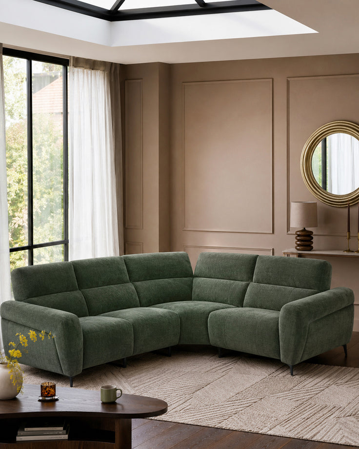 Rhys dark green chenille right hand facing small corner sofa