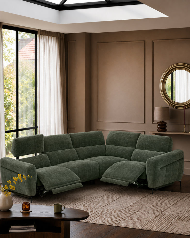 Rhys dark green chenille right hand facing small corner sofa