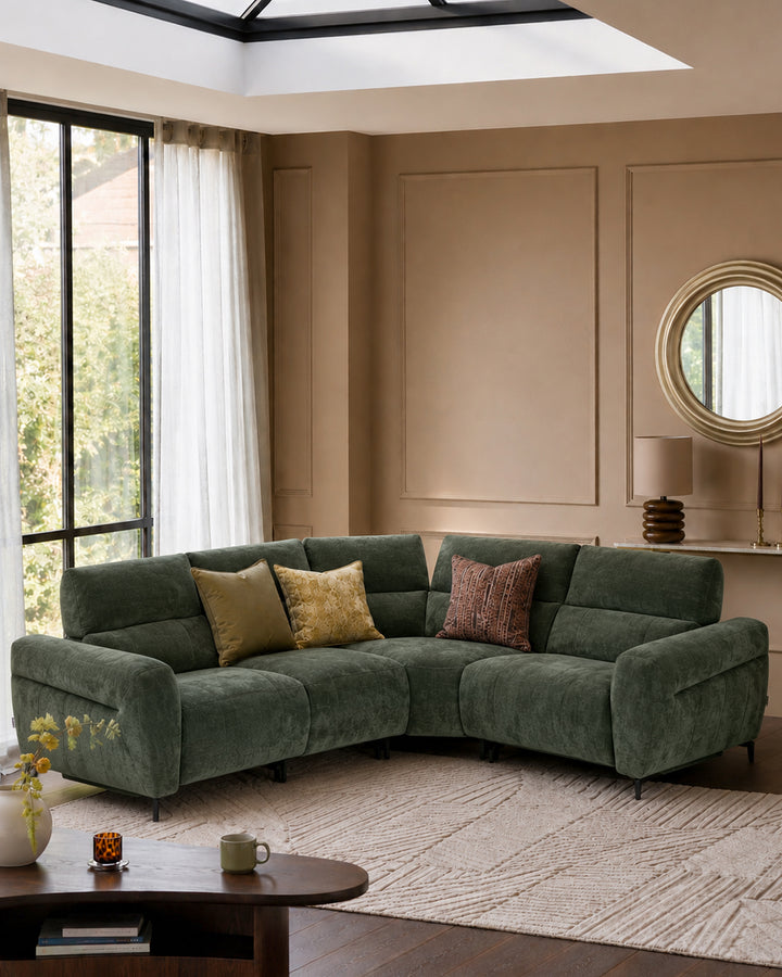 Rhys dark green chenille right hand facing small corner sofa