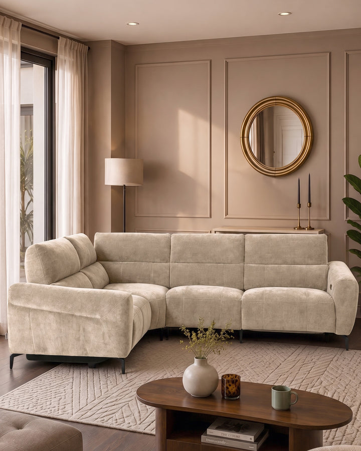Rhys champagne chenille left hand facing small corner sofa