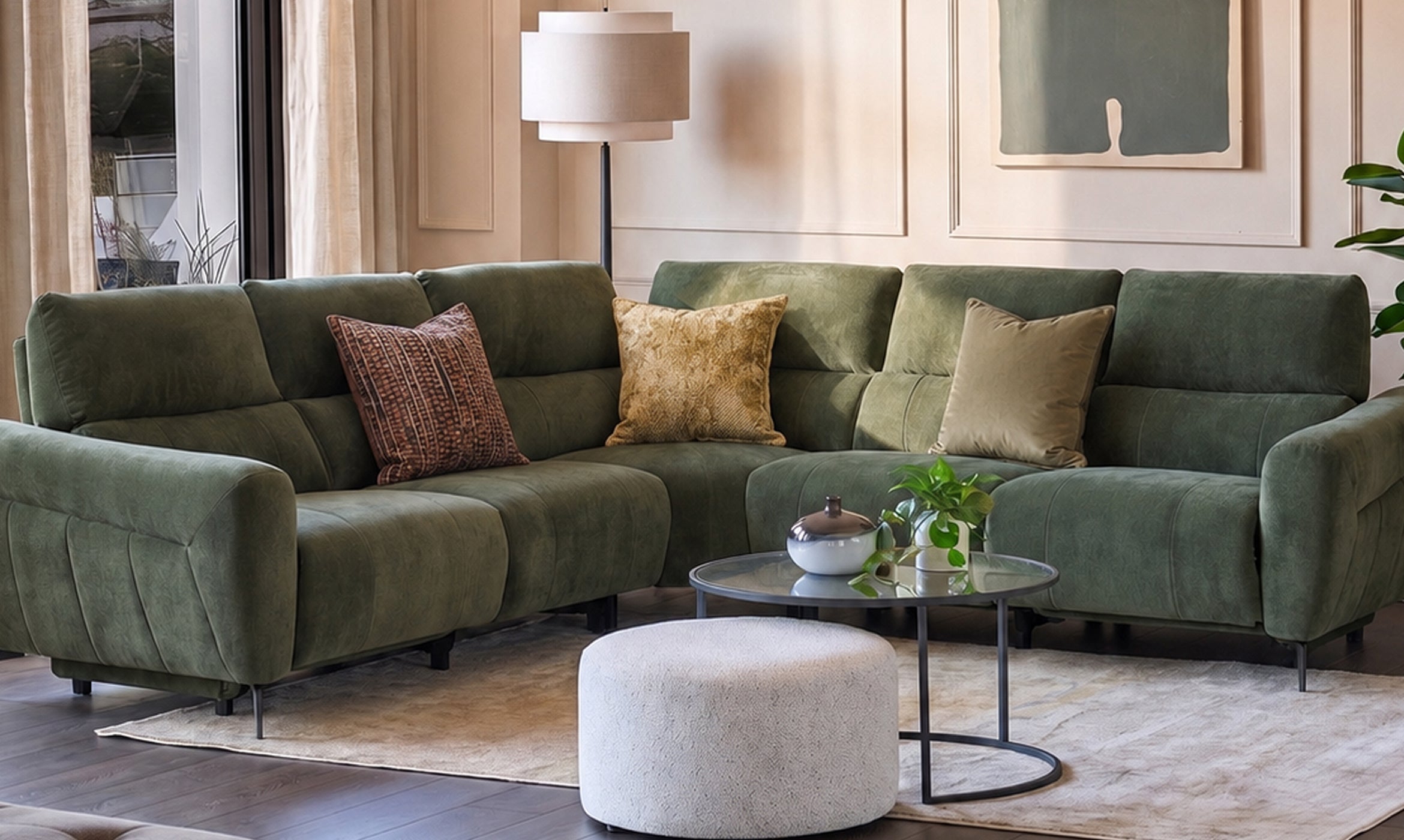Rhys dark green chenille large corner sofa