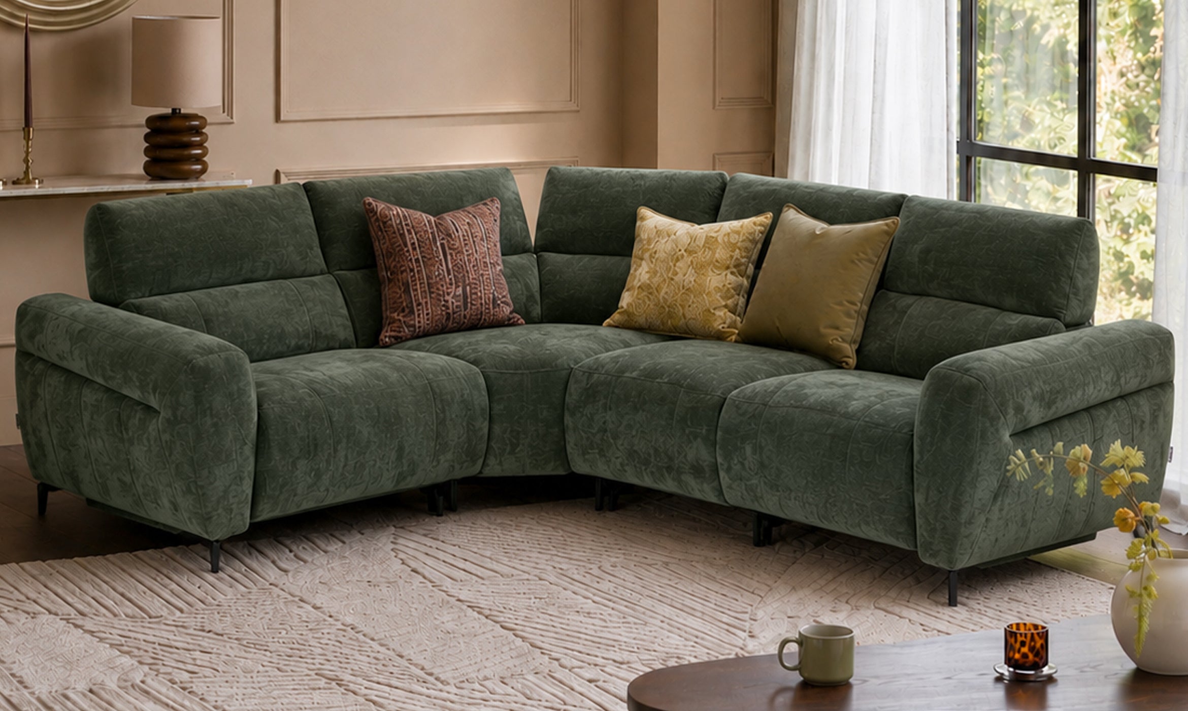 Rhys dark green chenille left hand facing small corner sofa