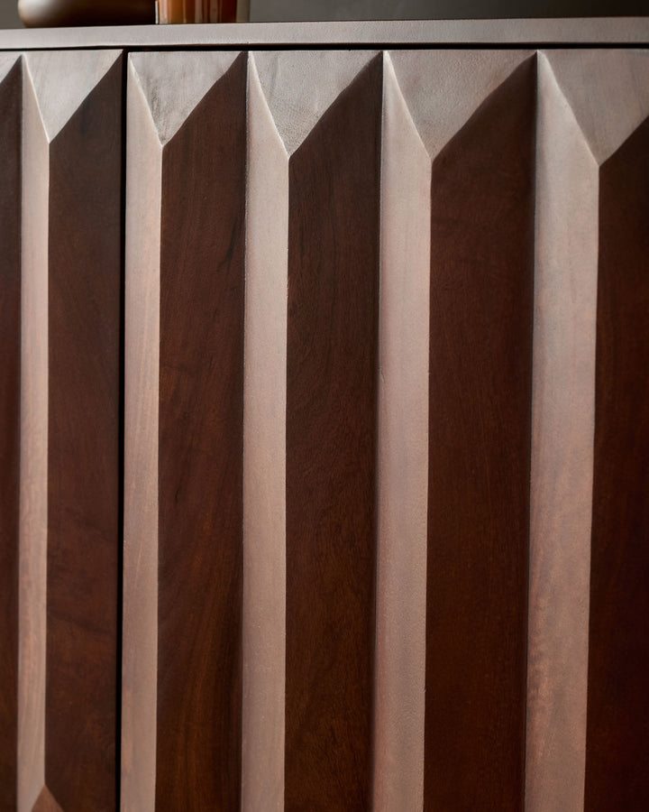 Dark mango wood sideboard with geometric fluted front panels and clean linear design details.
