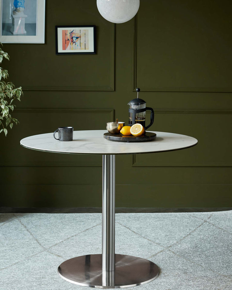 Romeo White Marbled Ceramic and Stainless Steel Pedestal 4 Seater Table