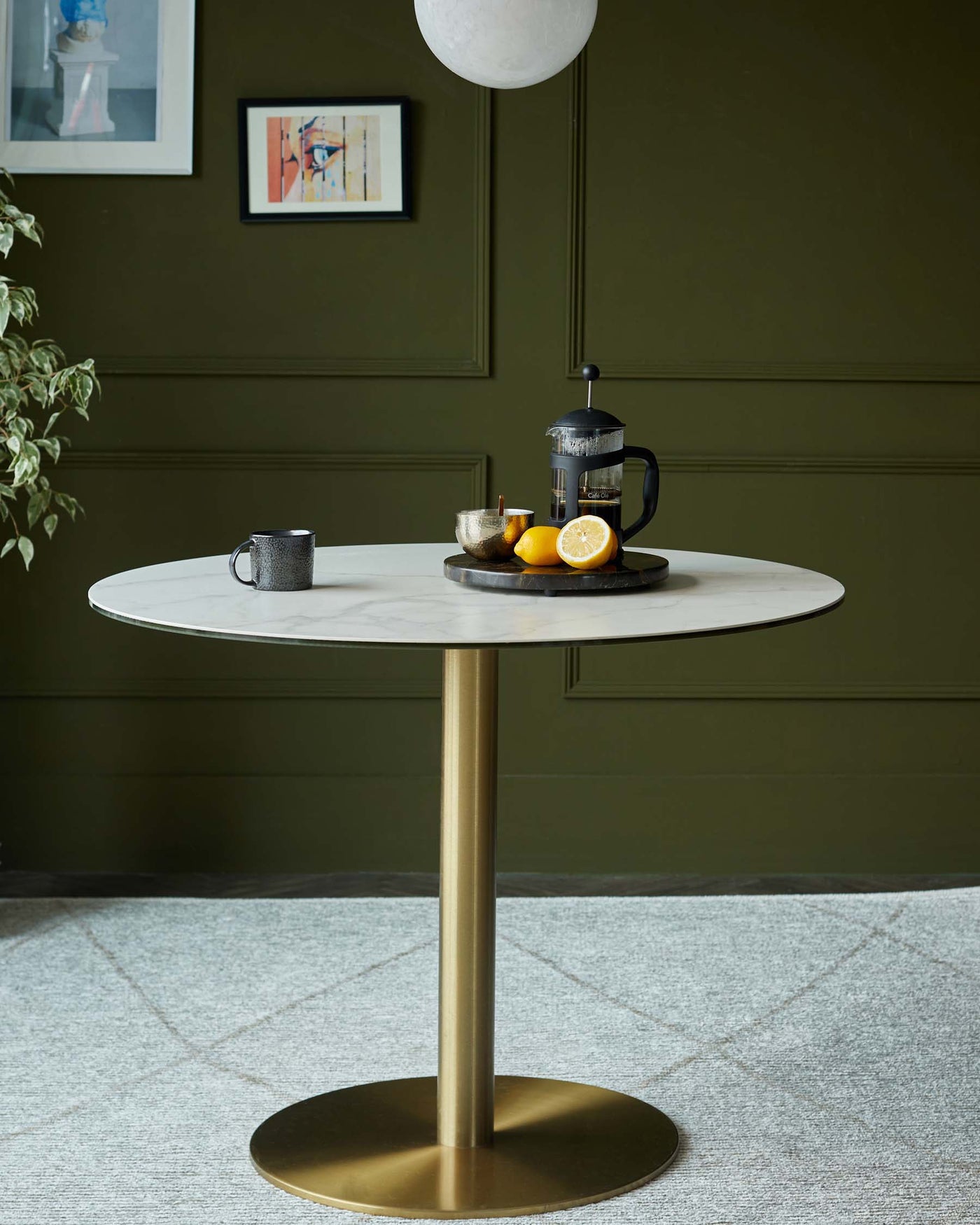 Romeo White Marbled Ceramic and Brass Pedestal 4 Seater Table