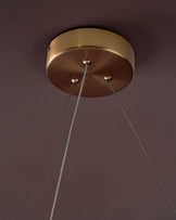 Sadie small pendant light with brass fixture and three thin cables against a mauve wall.