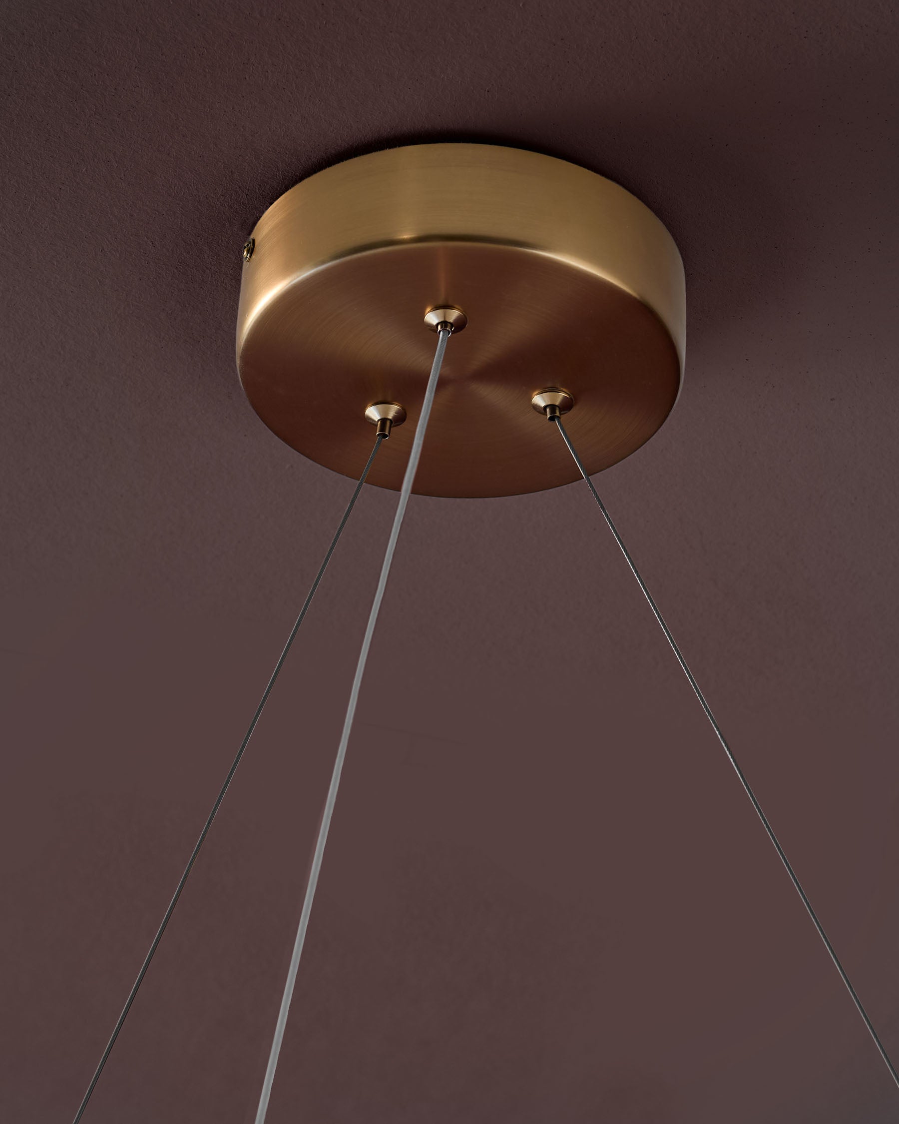 Sadie small pendant light with brass fixture and three thin cables against a mauve wall.