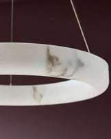 Sadie small pendant light in alabaster finish, showing curved cylindrical shade with marbled pattern detail against burgundy background.