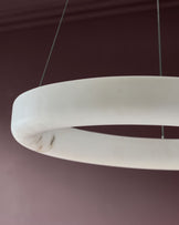 Sadie small pendant light in alabaster finish, showing curved sculptural design and suspension cables against burgundy ceiling.