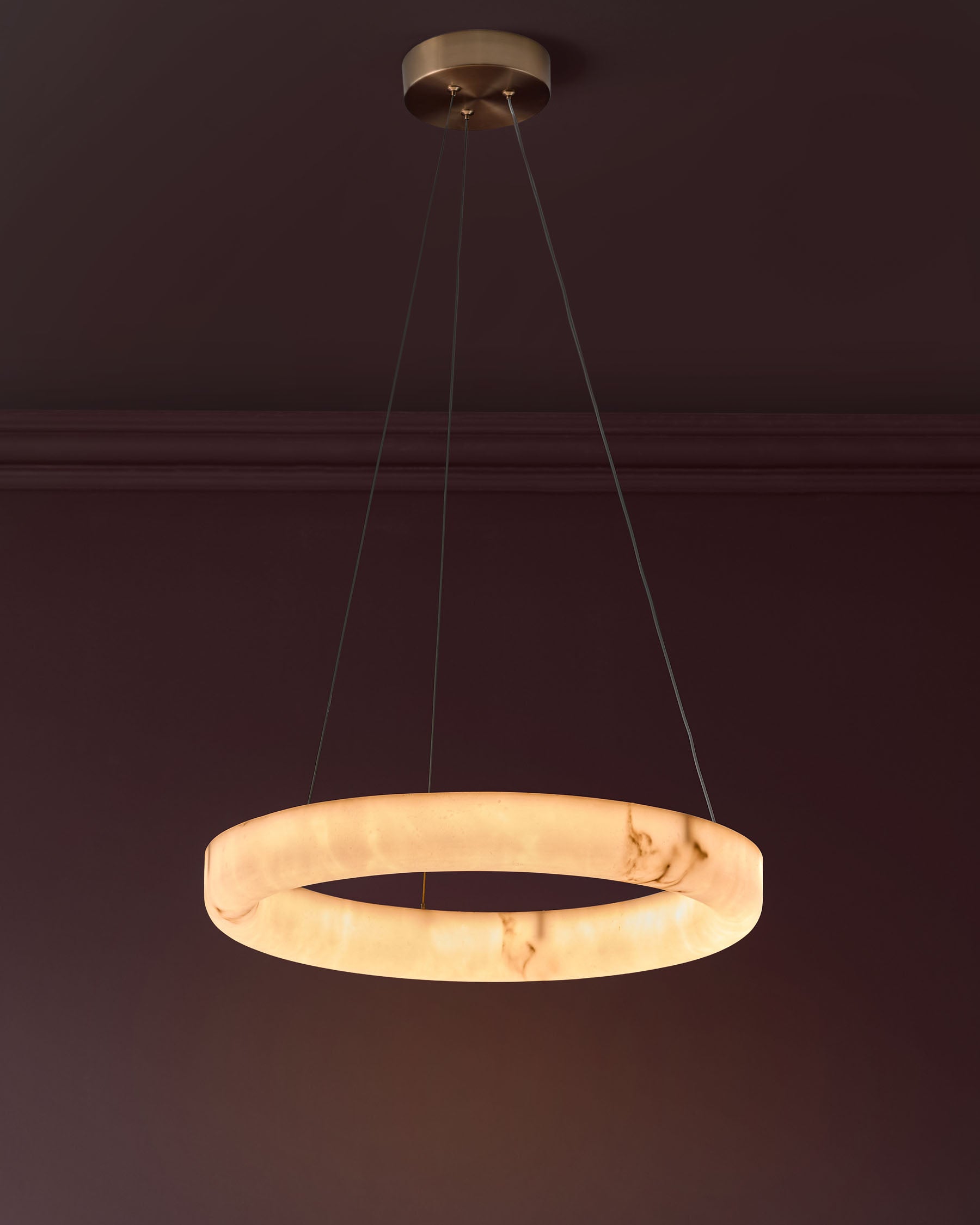 Sadie small pendant light in alabaster effect natural finish, featuring a circular ring design suspended by brass hardware.