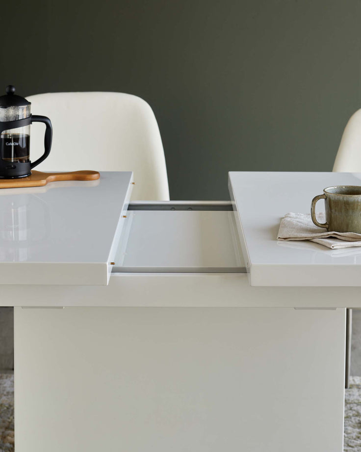 White extendable dining table with a French press and mug on top in a modern setting.