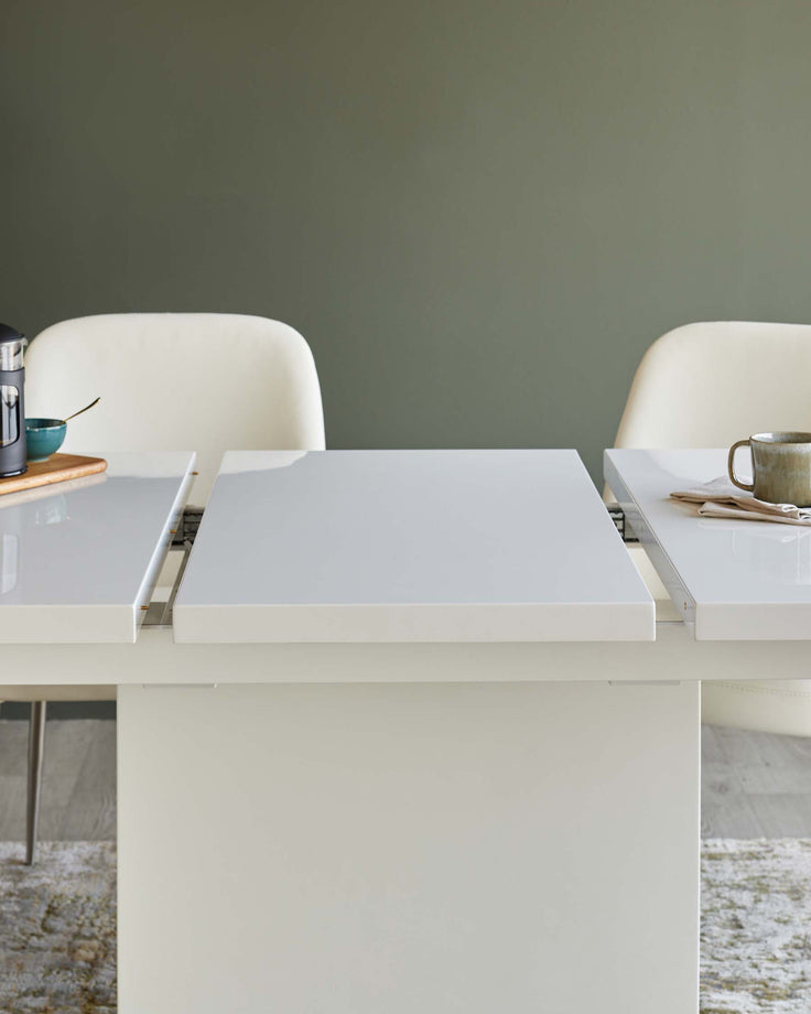 An extendable, white dining table is the focal point, complemented by two cream chairs. Table is set for dining.