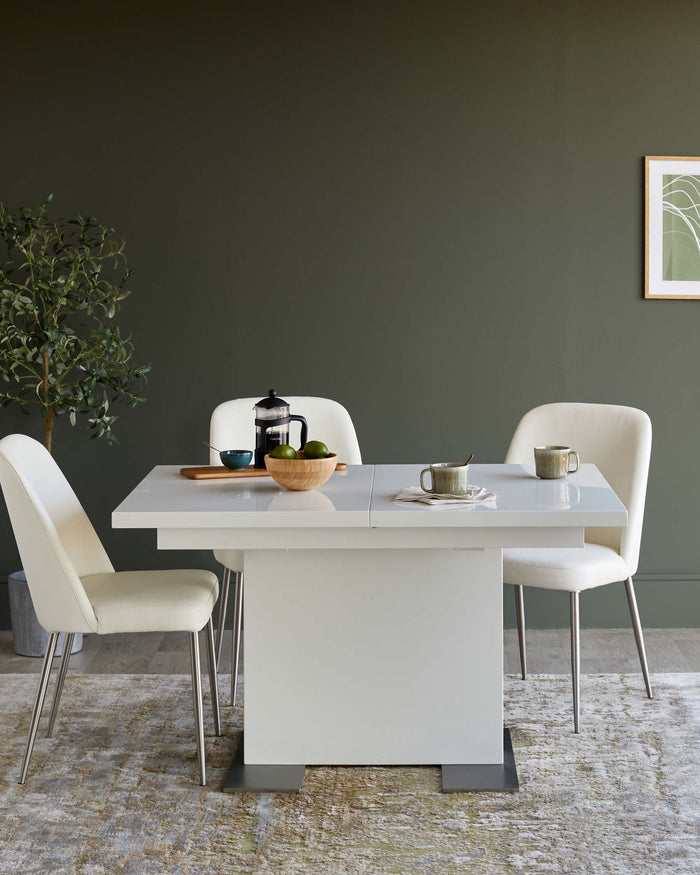 A sleek, modern white dining table and chairs set against a dark olive green wall and neutral rug.