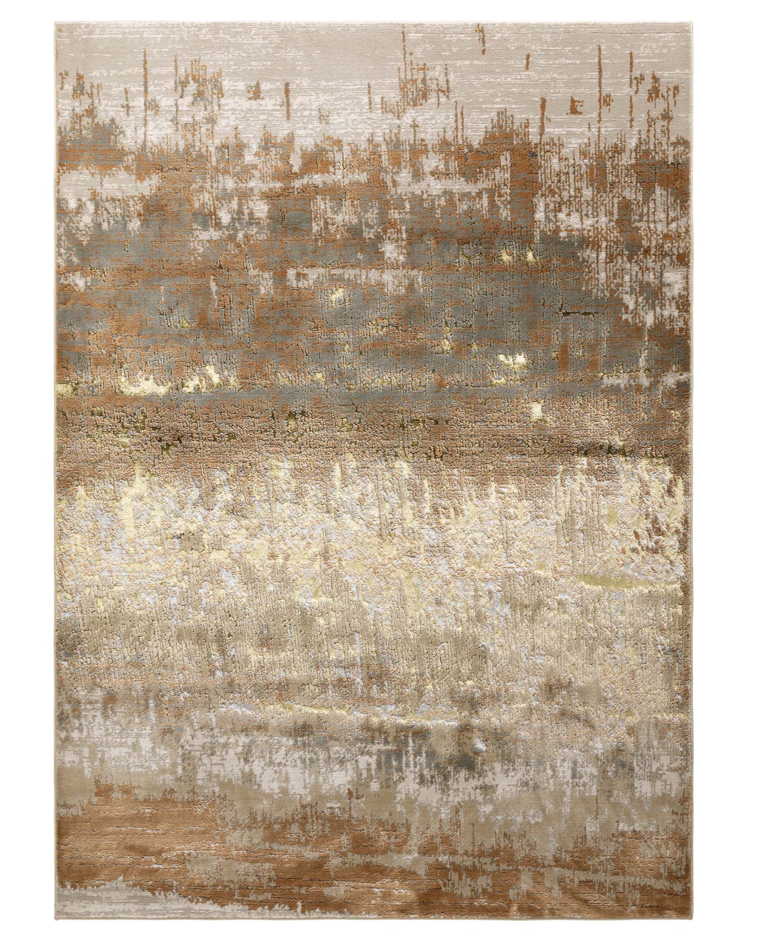 Contemporary style area rug with an abstract design featuring a blend of neutral tones, including beige, grey, and brown, with subtle hints of metallic gold. Textured patterns give the impression of depth and movement, suitable for modern and minimalist interiors.