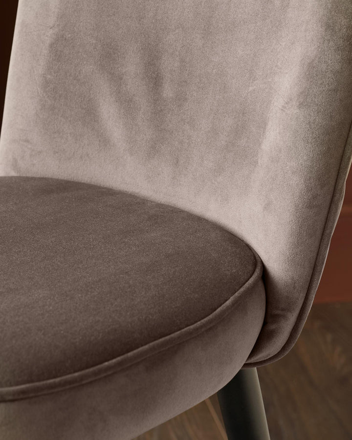 Serena velvet bar stool in mocha, close-up of curved seat and backrest detail