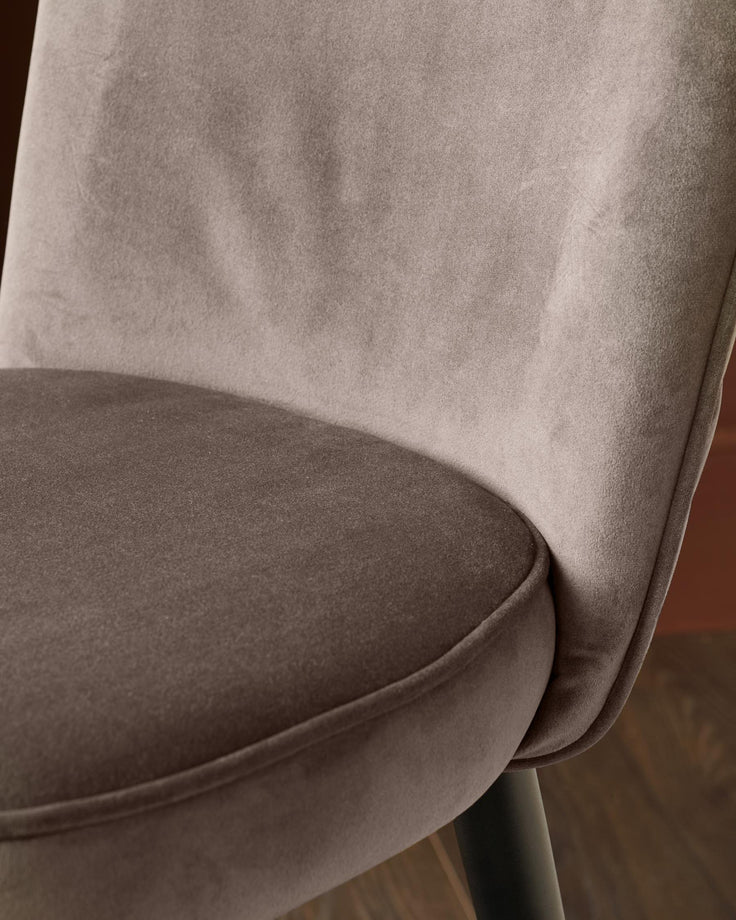 Serena velvet bar stool in mocha, close-up of curved seat and backrest detail