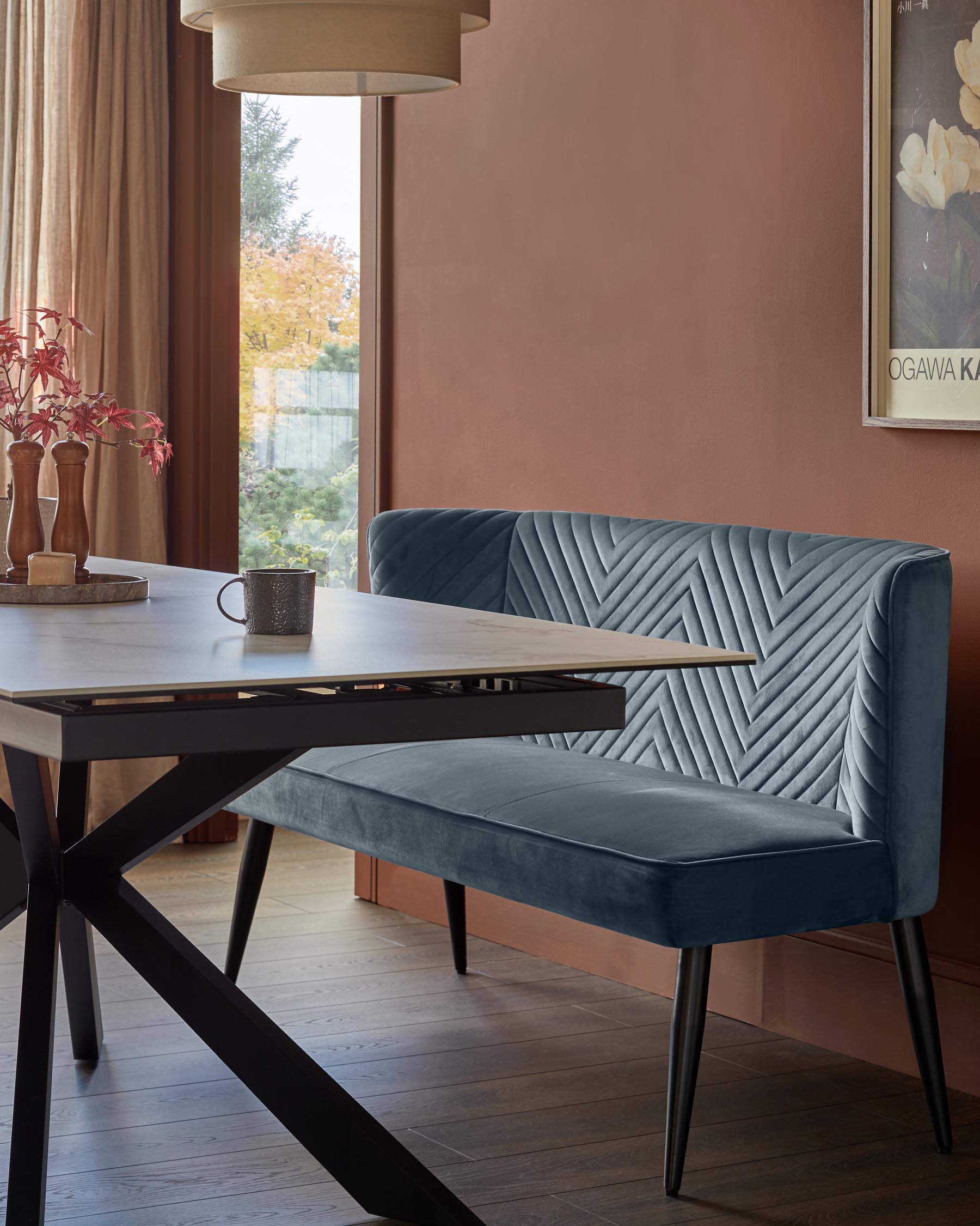 Dining Room High Back Velvet Bench Serena Blue Grey Velvet Seater