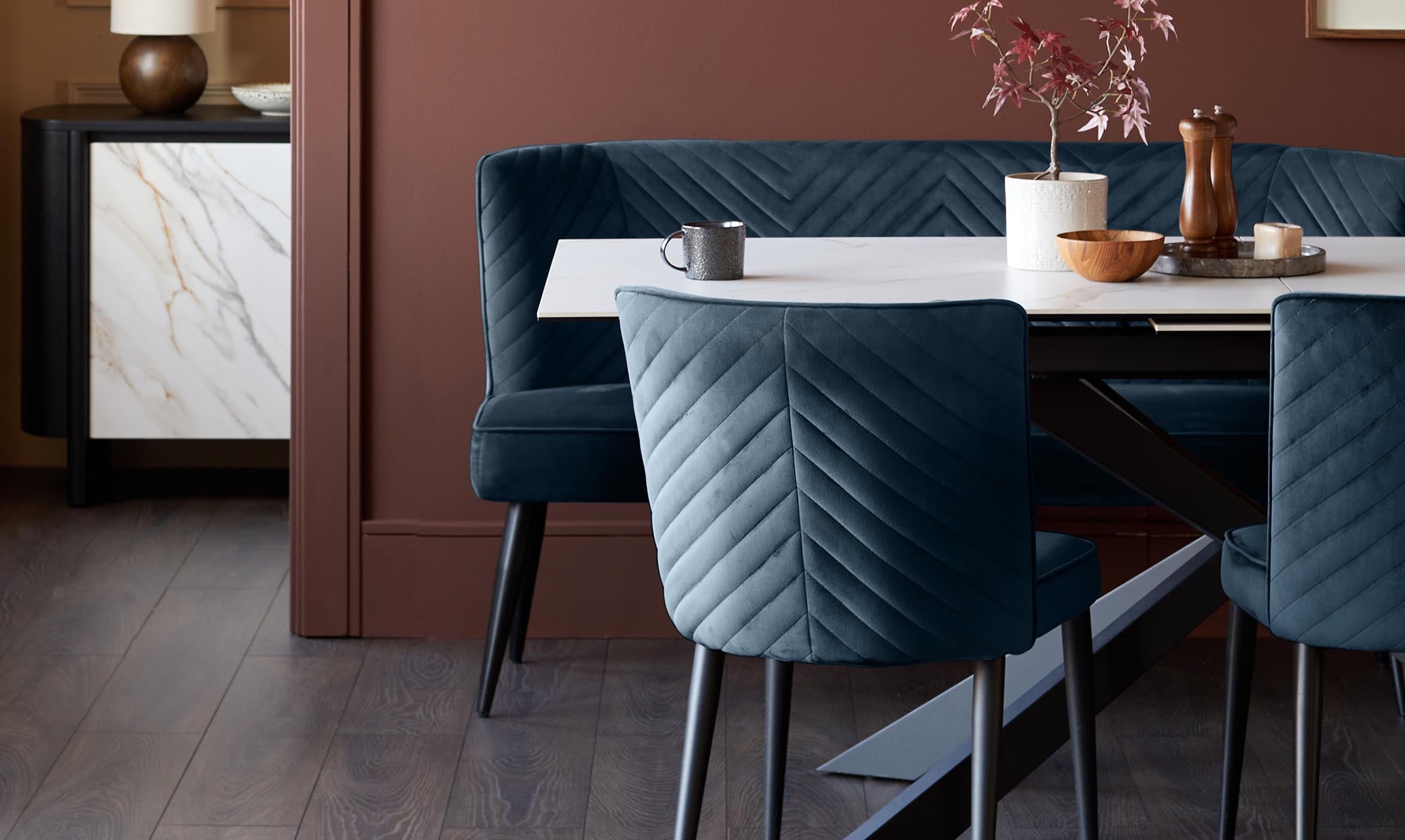 Serena Dark Blue Velvet 3 Seater Dining Bench with Backrest