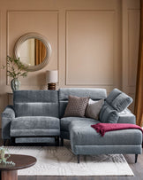 Serene blue grey fabric small right hand corner chaise recliner sofa