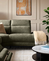 Serene right chaise recliner sofa in dark green chenille, displayed in a modern living room setting with throw blanket.