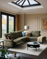 Serene right chaise recliner sofa in dark green chenille, displayed in a modern living room with reclined position visible.