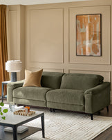 Dark green fabric 3-seater recliner sofa with rolled arms and wooden legs in a modern living room setting.