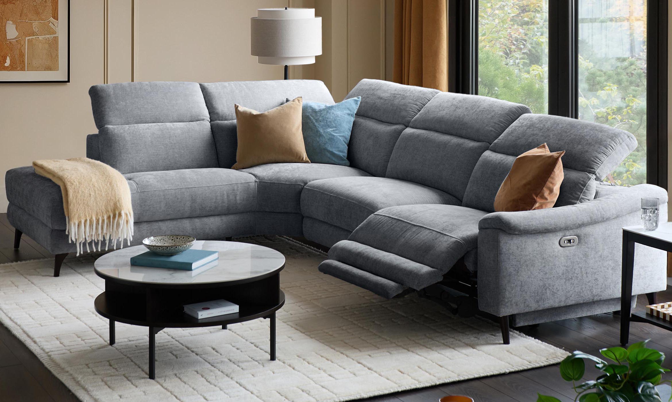 Serene blue grey chenille left hand corner chaise recliner sofa