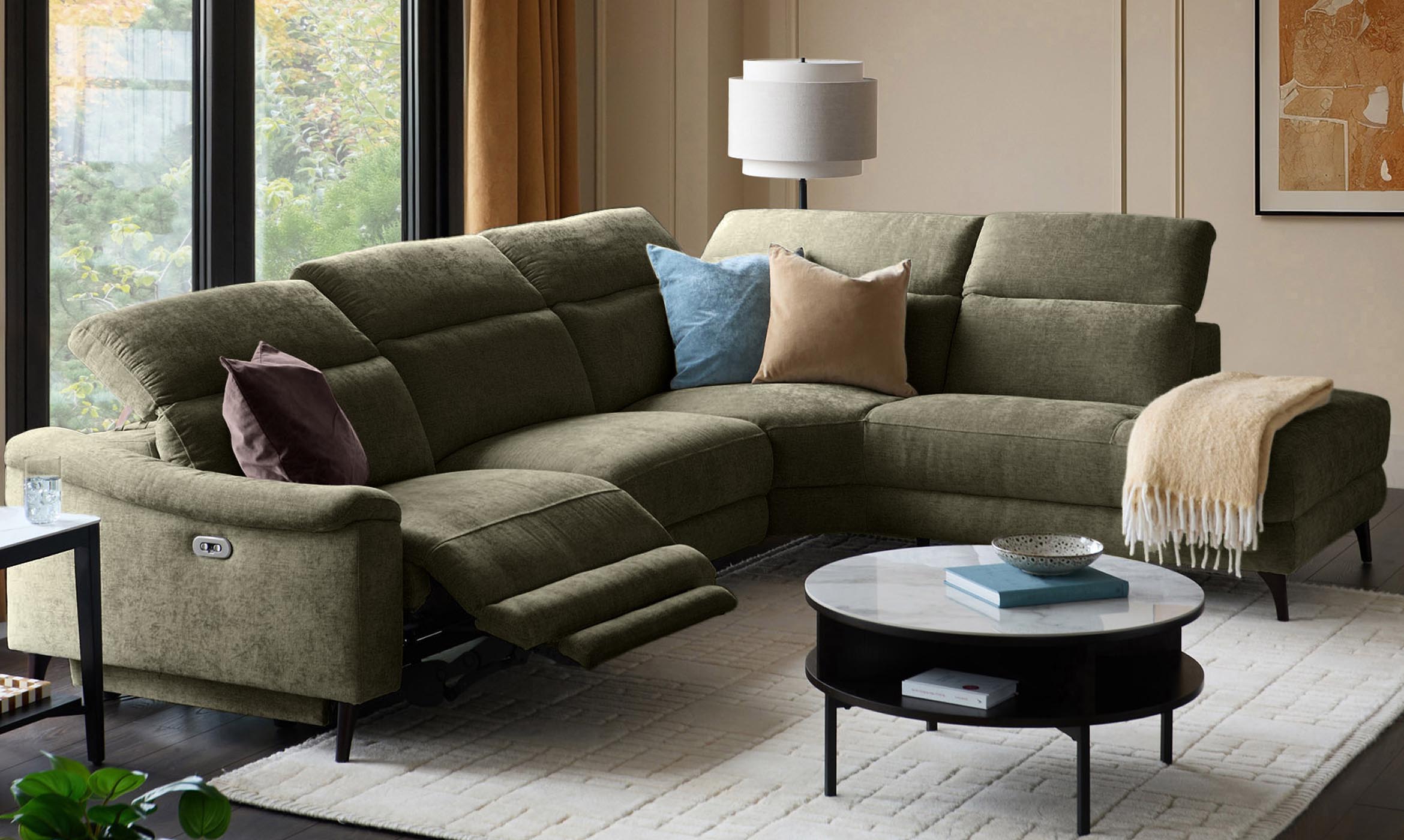 Serene dark green fabric large right hand corner chaise recliner sofa