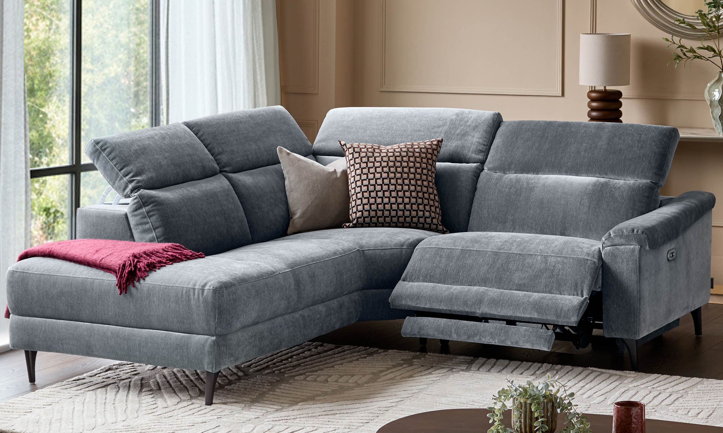 Serene blue grey fabric small left hand corner chaise recliner sofa