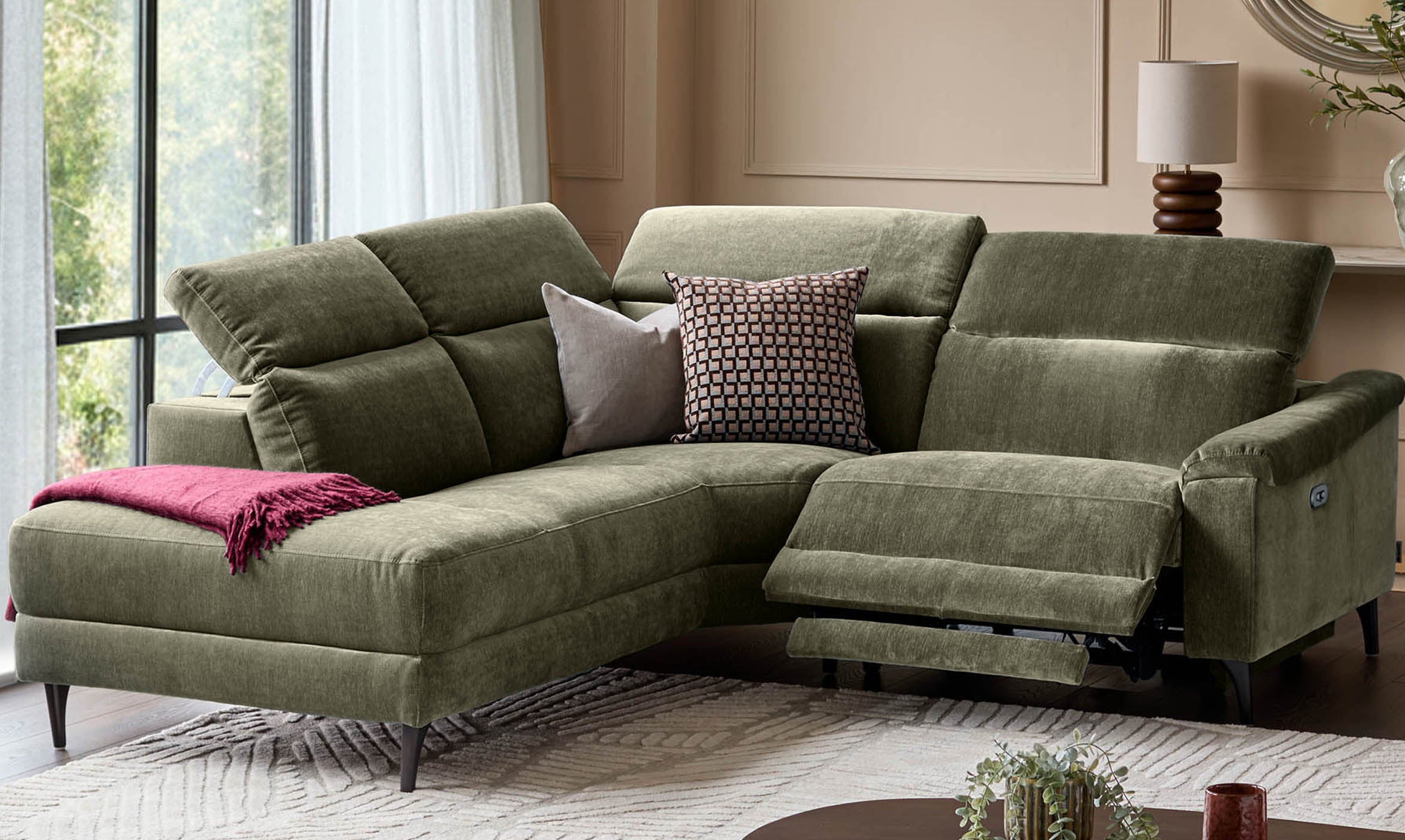 Serene dark green fabric small left hand corner chaise recliner sofa