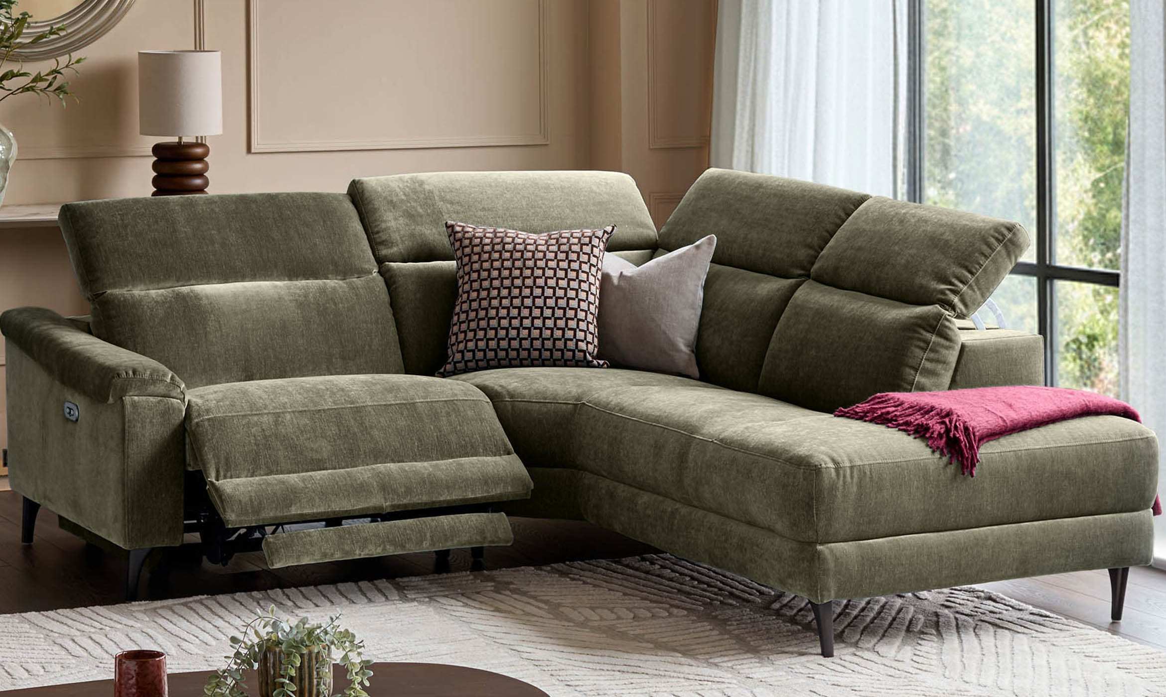 Serene dark green fabric small right hand corner chaise recliner sofa