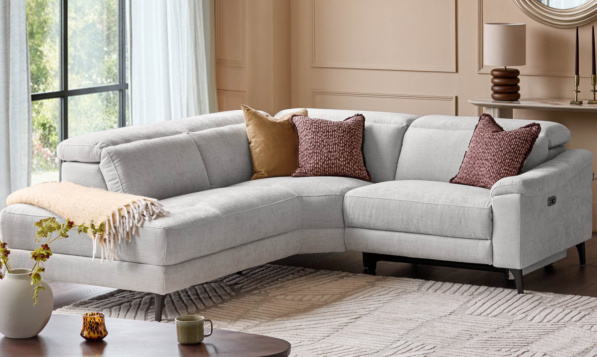 Serene light grey fabric small left hand corner chaise recliner sofa