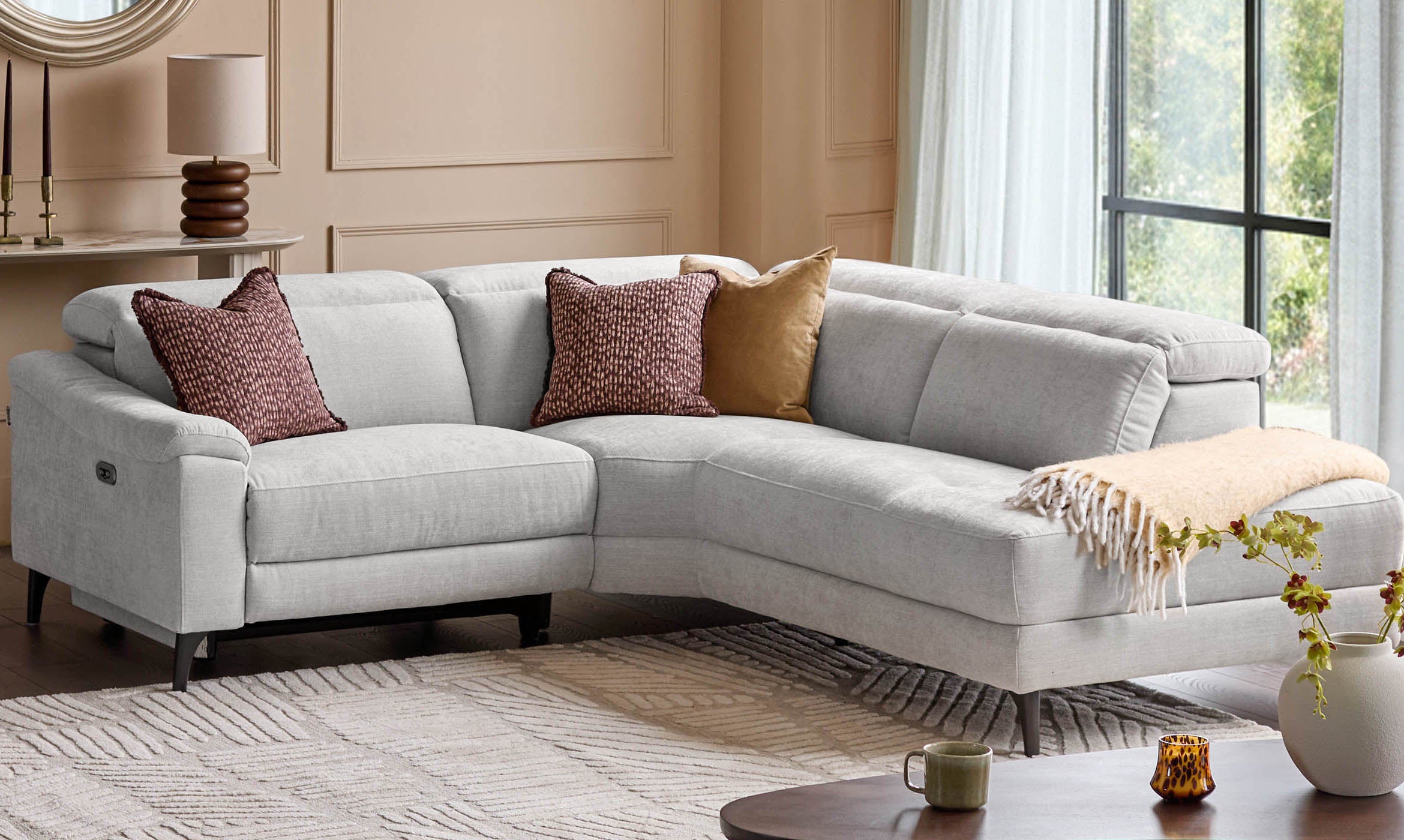 Serene light grey fabric small right hand corner chaise recliner sofa