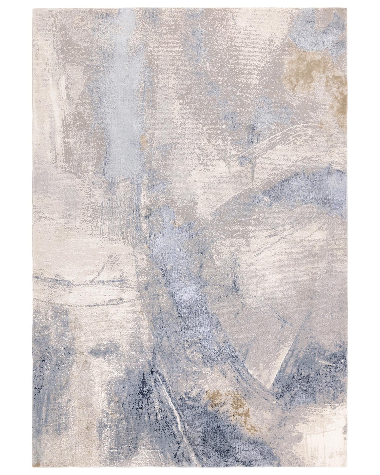 An abstract patterned rug featuring cream, grey, and blue hues, adding a modern touch to any living space.