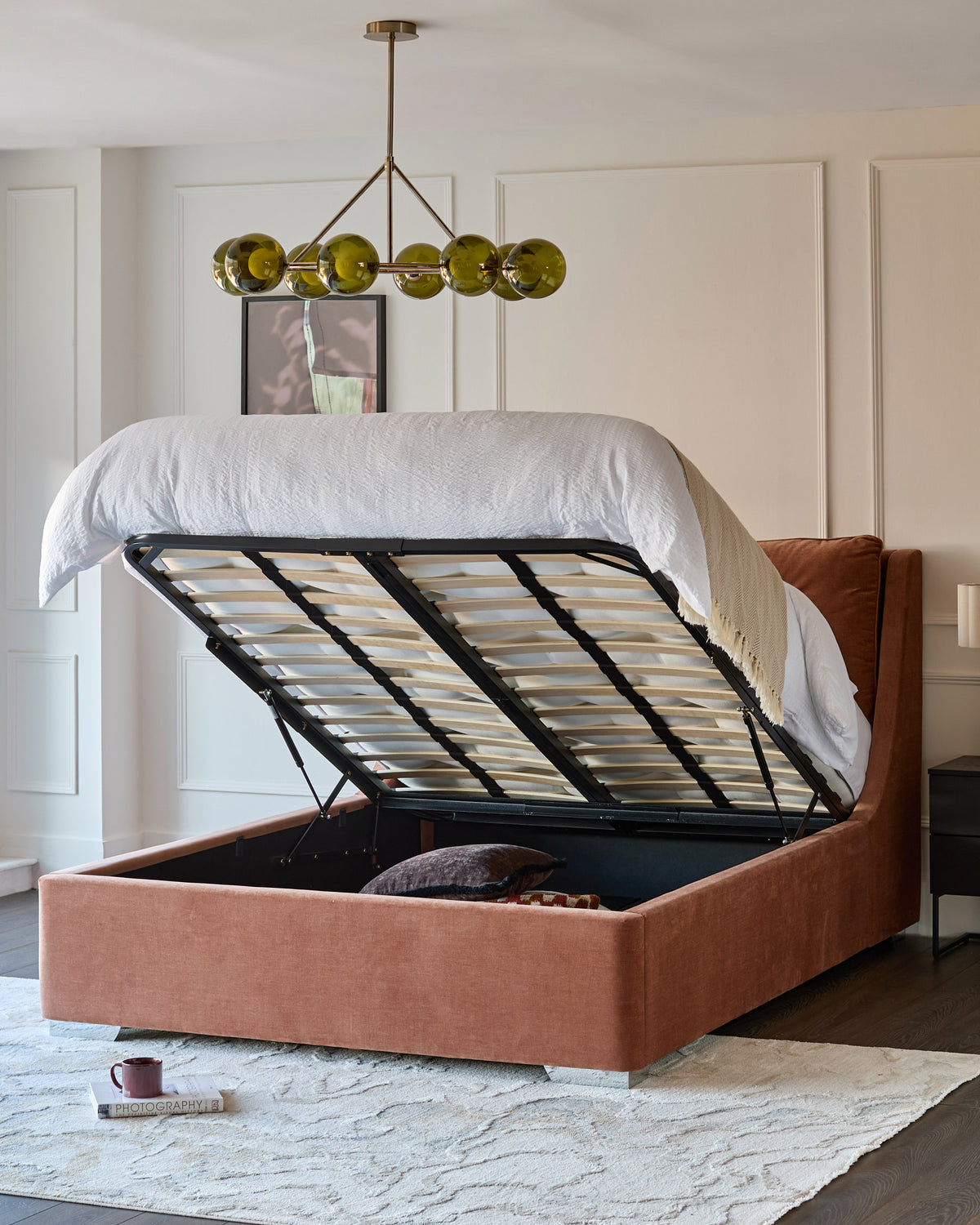 Siesta apricot chenille king size ottoman storage bed