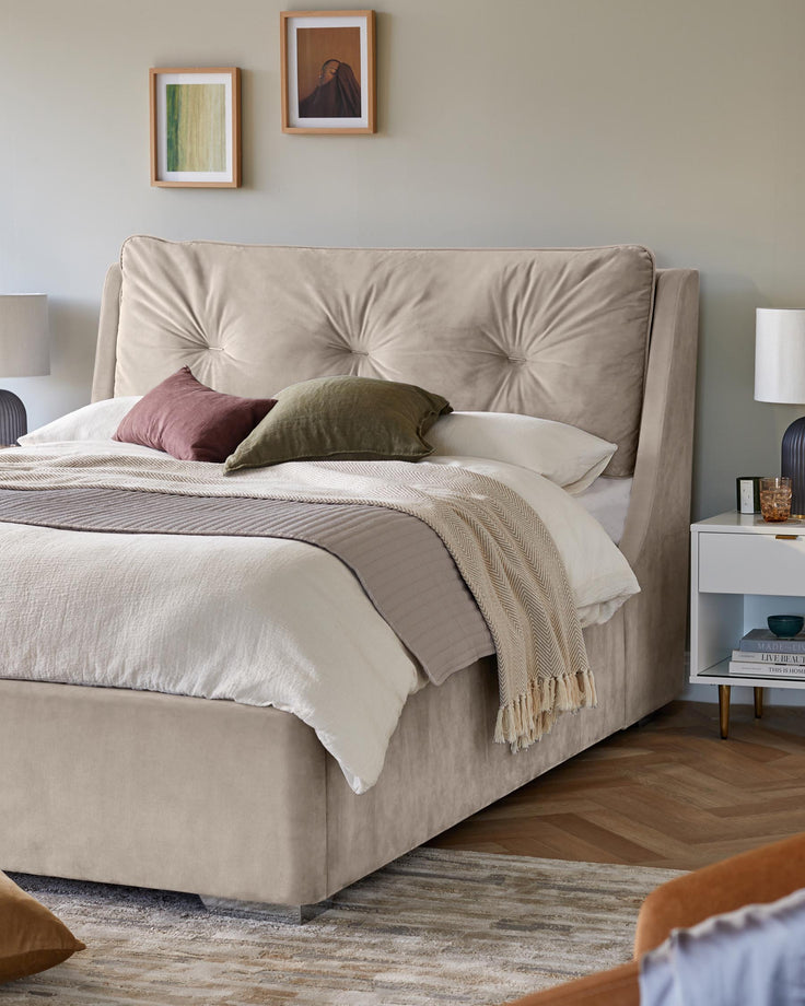 Champagne velvet super king bed with tufted headboard and storage, styled in a neutral bedroom with bedding and pillows.