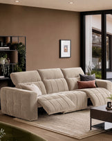 Skye 3-seater sofa in champagne fabric with quilted design, shown in a modern living room with recliners extended.