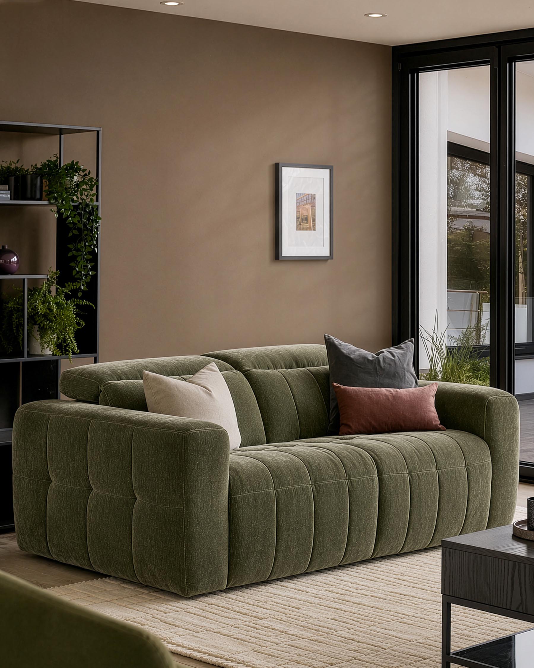 Skye 2-seater sofa in dark green fabric with vertical quilted channels, displayed in a modern living room setting.
