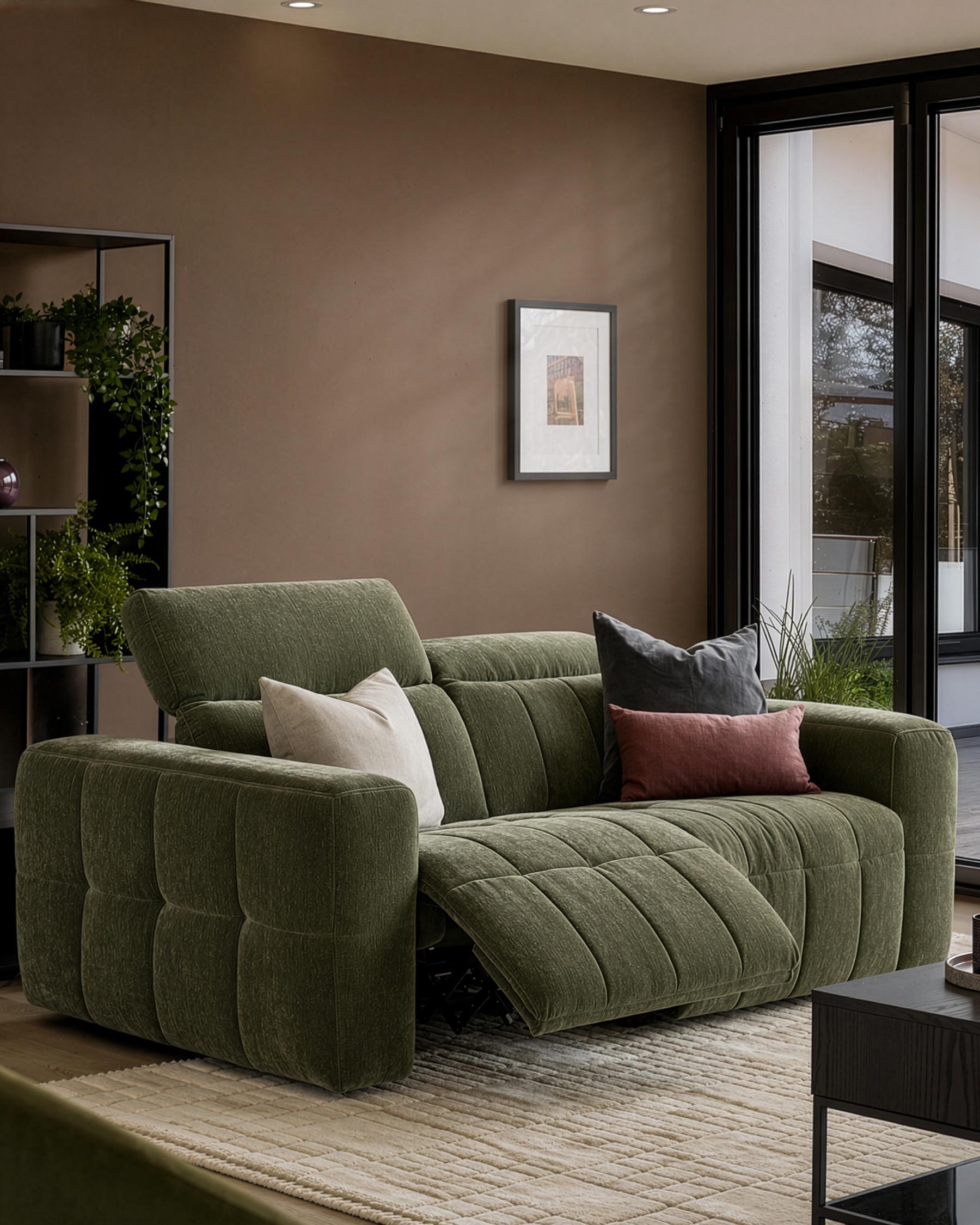 Skye 2-seater sofa in dark green fabric with quilted cushioning, displayed in a modern living room setting with decorative pillows.