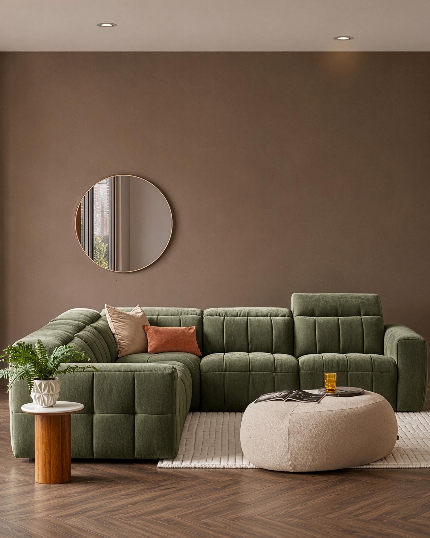 Skye large corner sofa in dark green fabric with quilted detailing, displayed in a modern living room setting.