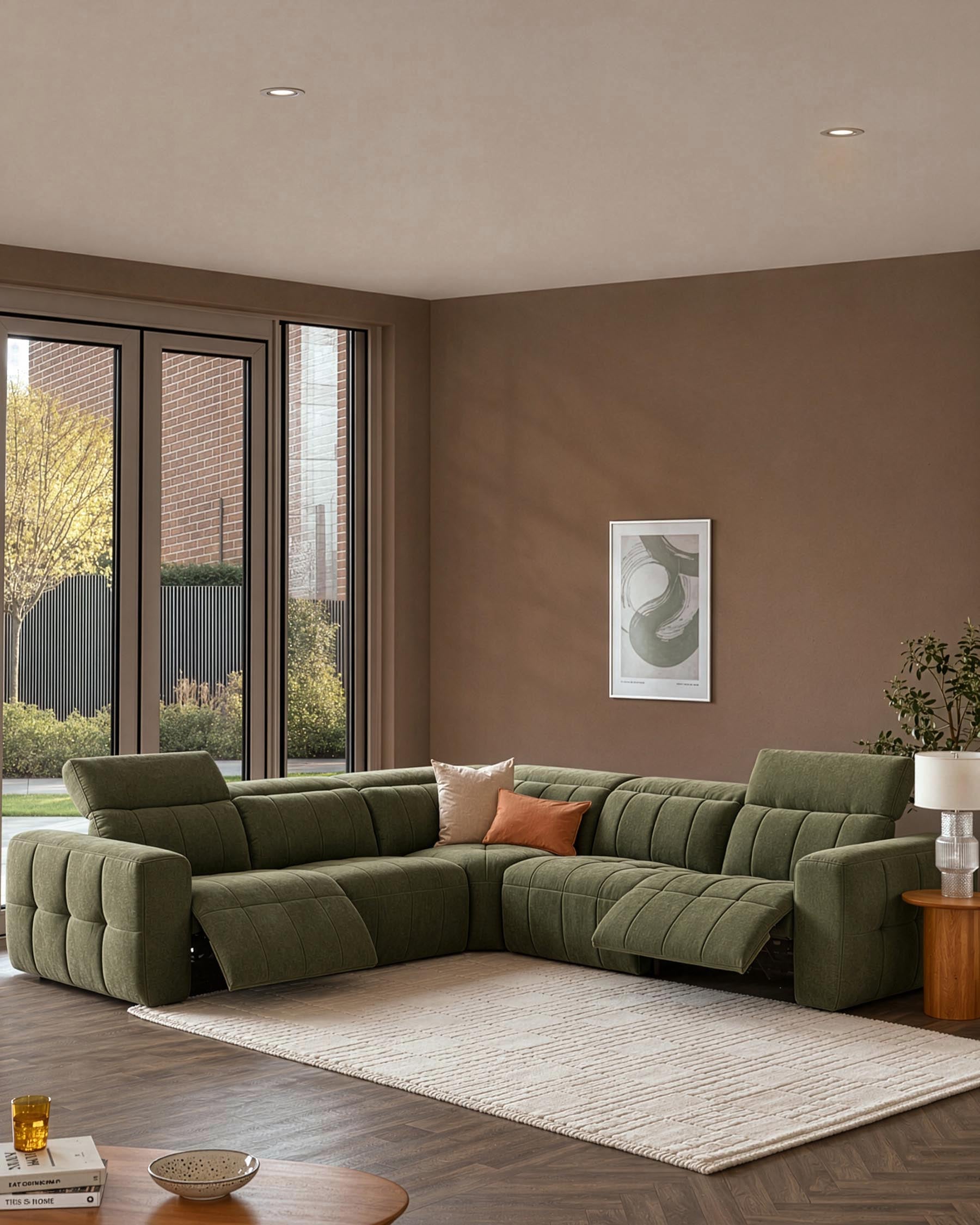 Skye large corner sofa in dark green fabric with reclining sections, displayed in a modern living room with taupe walls.