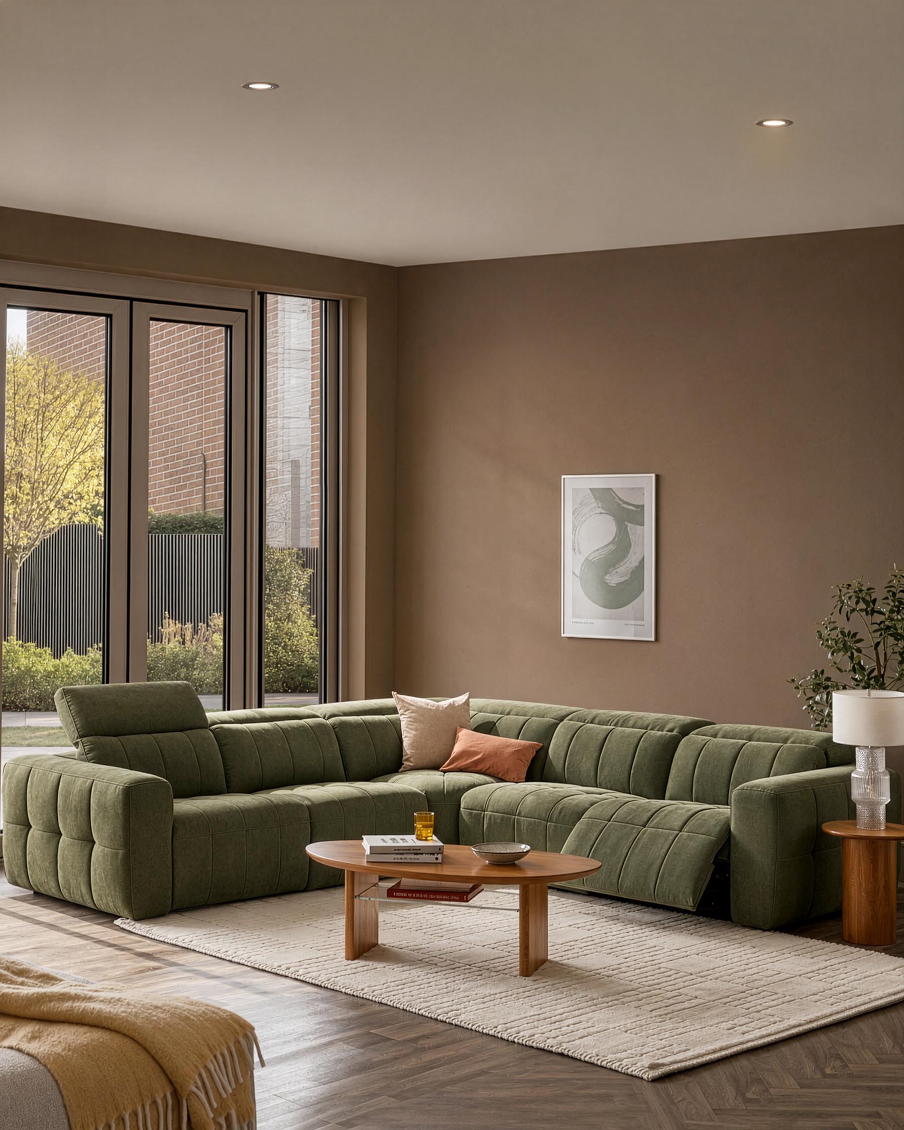 Skye large corner sofa in dark green fabric with quilted detailing, displayed in a modern living room setting.