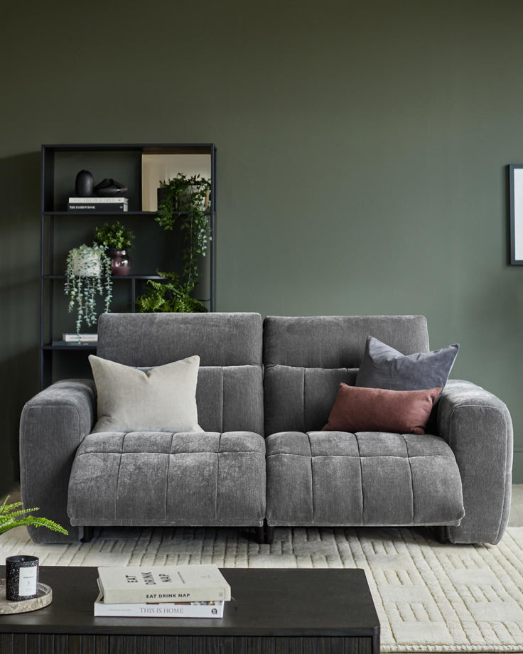 A stylish grey sofa with cushions sits in front of a dark green wall and shelving unit, creating a cosy living space.